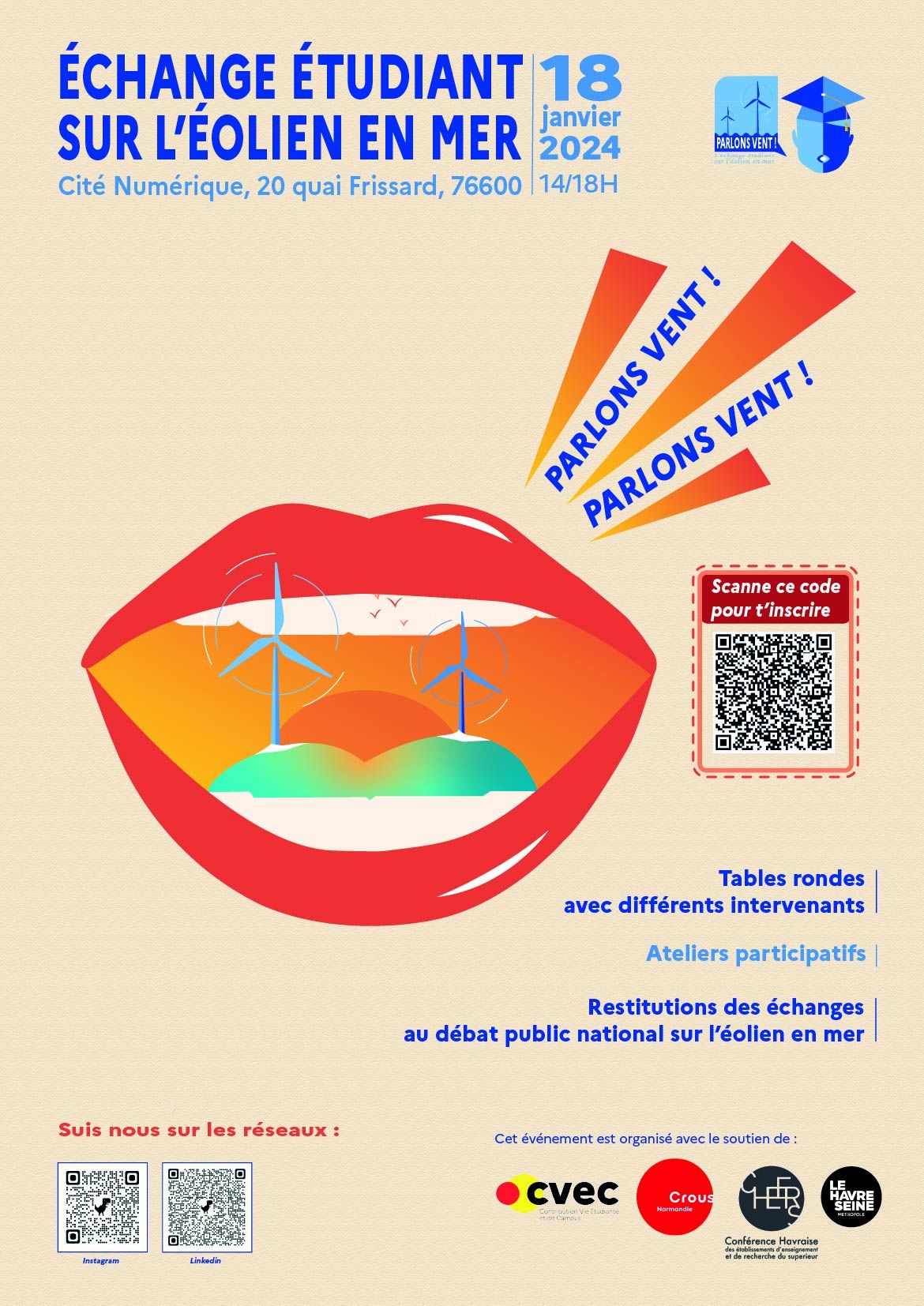Affiche du projet parlons-vent : échange étudiant sur l'éolien en mer le 18 janvier 2023 à la Cité Numérique au Havre